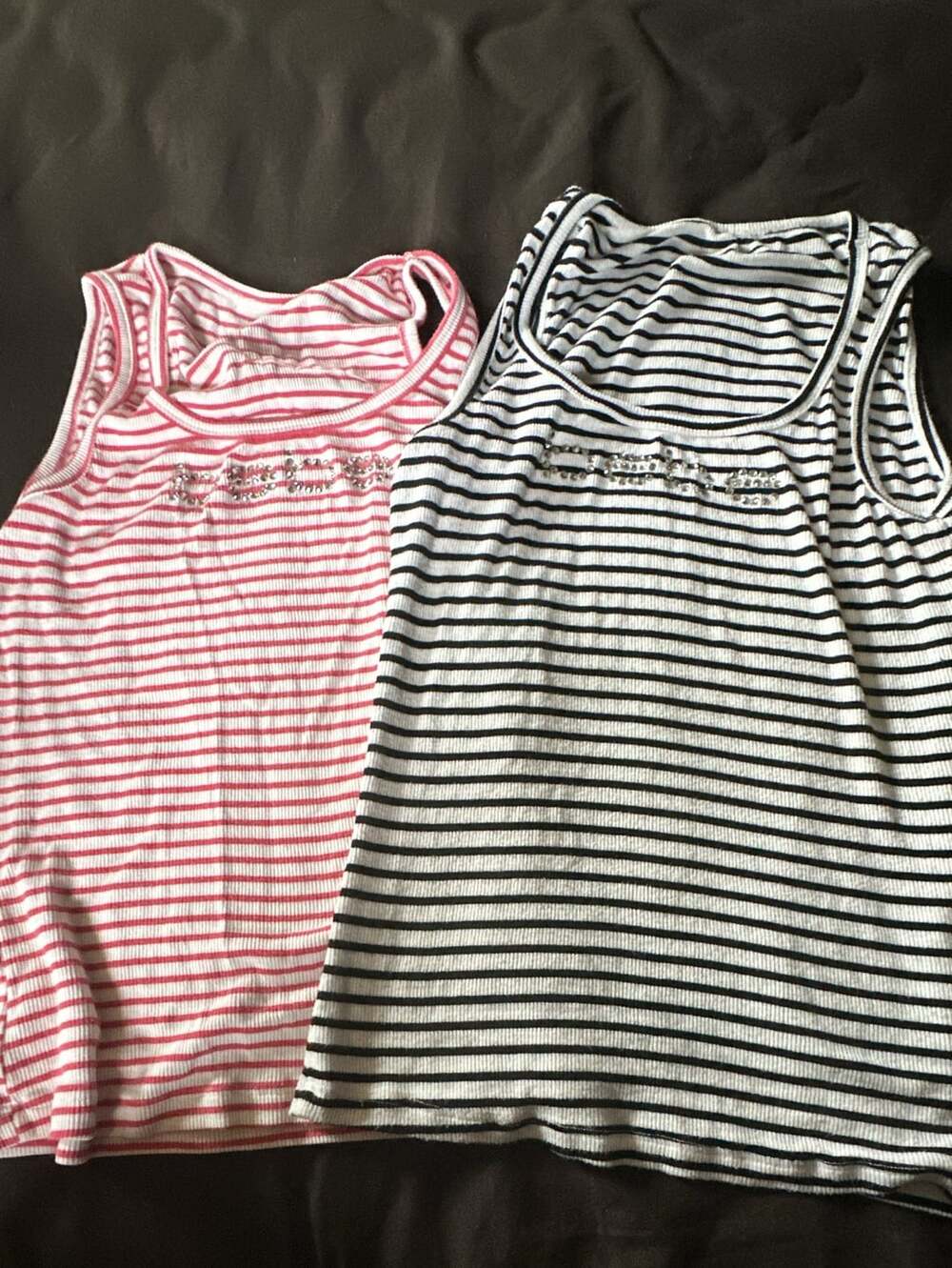 Bebe Rhinestone Logo Striped Ribbed Tank Tops Lot of 2